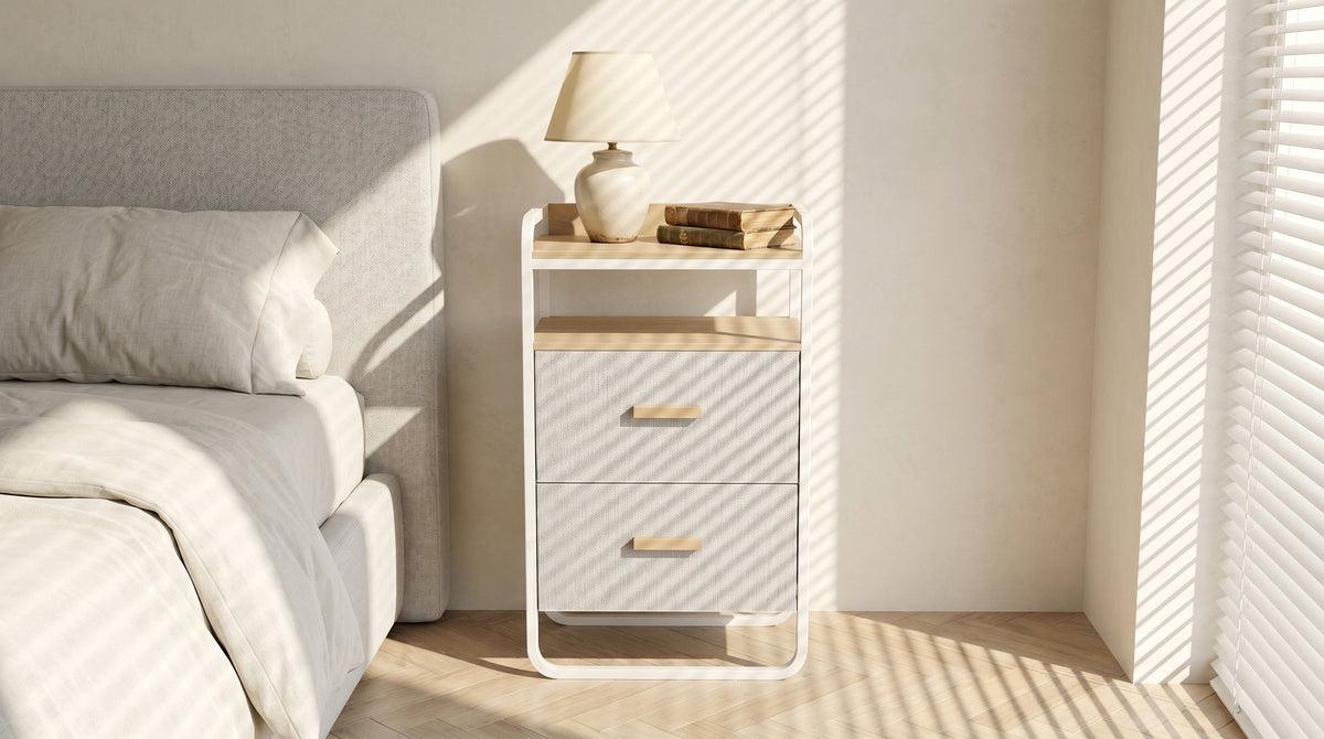 Entryway Storage Rack in white metal frame with warm wood accents, designed as part of the HARBOR entryway storage furniture collection. 2-Drawer design fits compact entryways for organizing shoes, bags, keys and everyday essentials in modern homes. Lifestyle scene in modern entryway/living space.