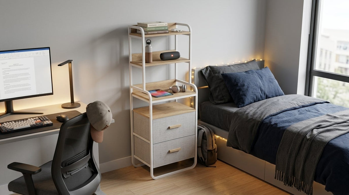 Tall Entryway Storage Rack in white metal frame with warm wood accents, designed as part of the HARBOR entryway storage furniture collection. 2-Drawer design fits compact entryways for organizing shoes, bags, keys and everyday essentials in modern homes. Side angle view showing 2-Drawer.