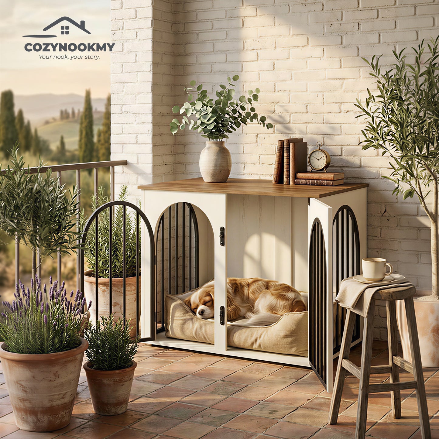 Arched-Door Wooden Pet Crate Cabinet with MDF Top - assembly or packaging display