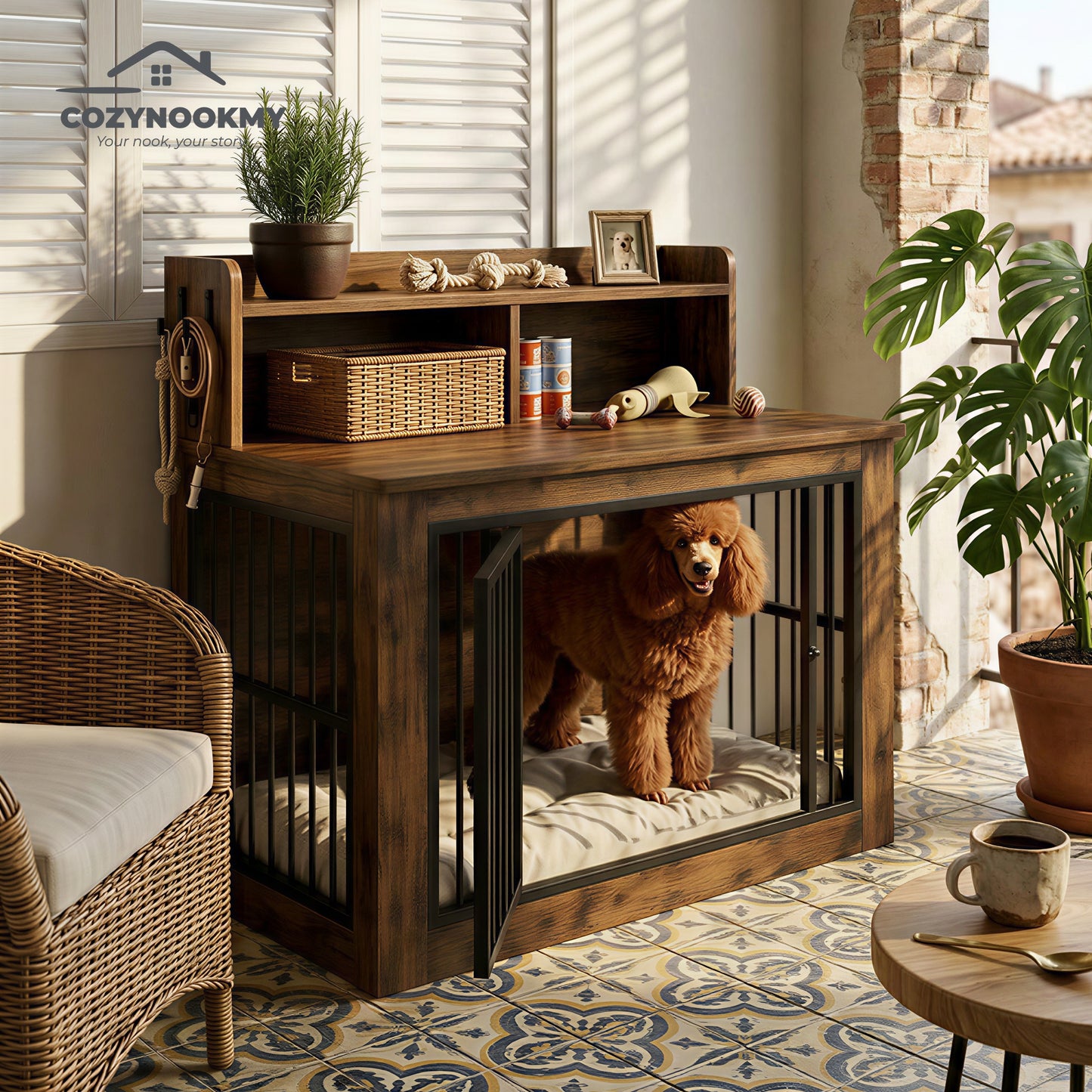 Pet Crate Cabinet with Top Storage Shelf and Bookshelf - alternative color or style variant