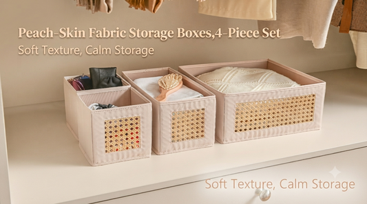 Peach-skin fabric storage boxes 4-piece set with cane fronts - soft texture calm storage