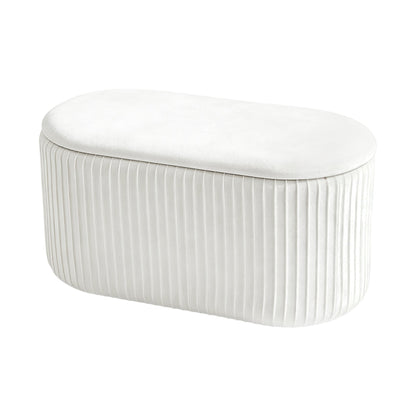 Teddy Velvet Storage Ottoman Table Set in teddy velvet upholstery, designed as part of the NOOK multifunctional storage furniture collection. table + ottoman set fits modern living rooms, bedrooms and small-space homes with hidden storage. Side angle view showing table + ottoman set.