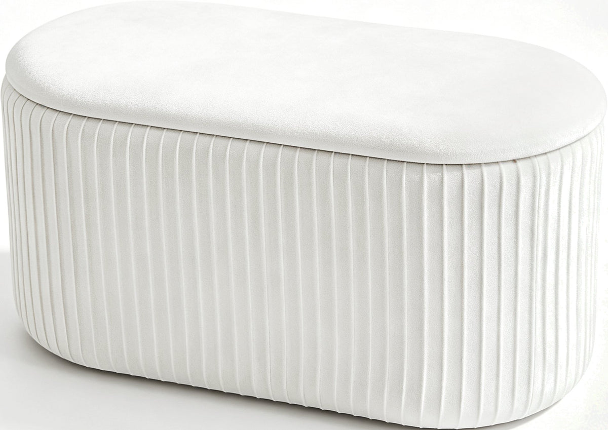 Teddy Velvet Storage Ottoman Table Set in teddy velvet upholstery, designed as part of the NOOK multifunctional storage furniture collection. table + ottoman set fits modern living rooms, bedrooms and small-space homes with hidden storage. Lifestyle scene in modern entryway/living space.
