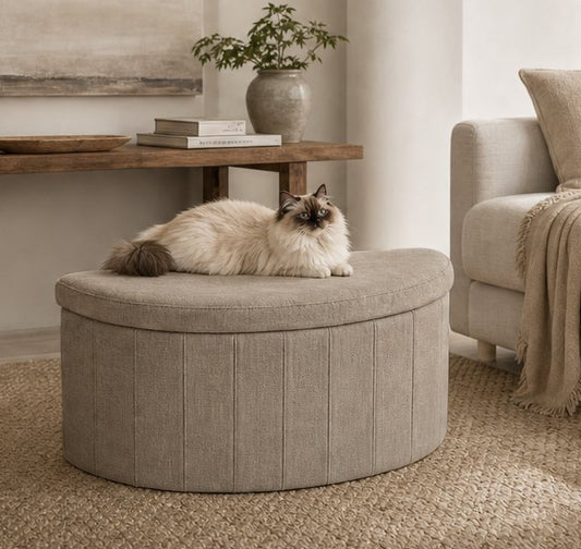 Chenille Oval Pet-Friendly Storage Box in soft chenille upholstery, designed as part of the NOOK multifunctional storage furniture collection. pet-friendly oval design fits modern living rooms, bedrooms and small-space homes with hidden storage. Main product front view.