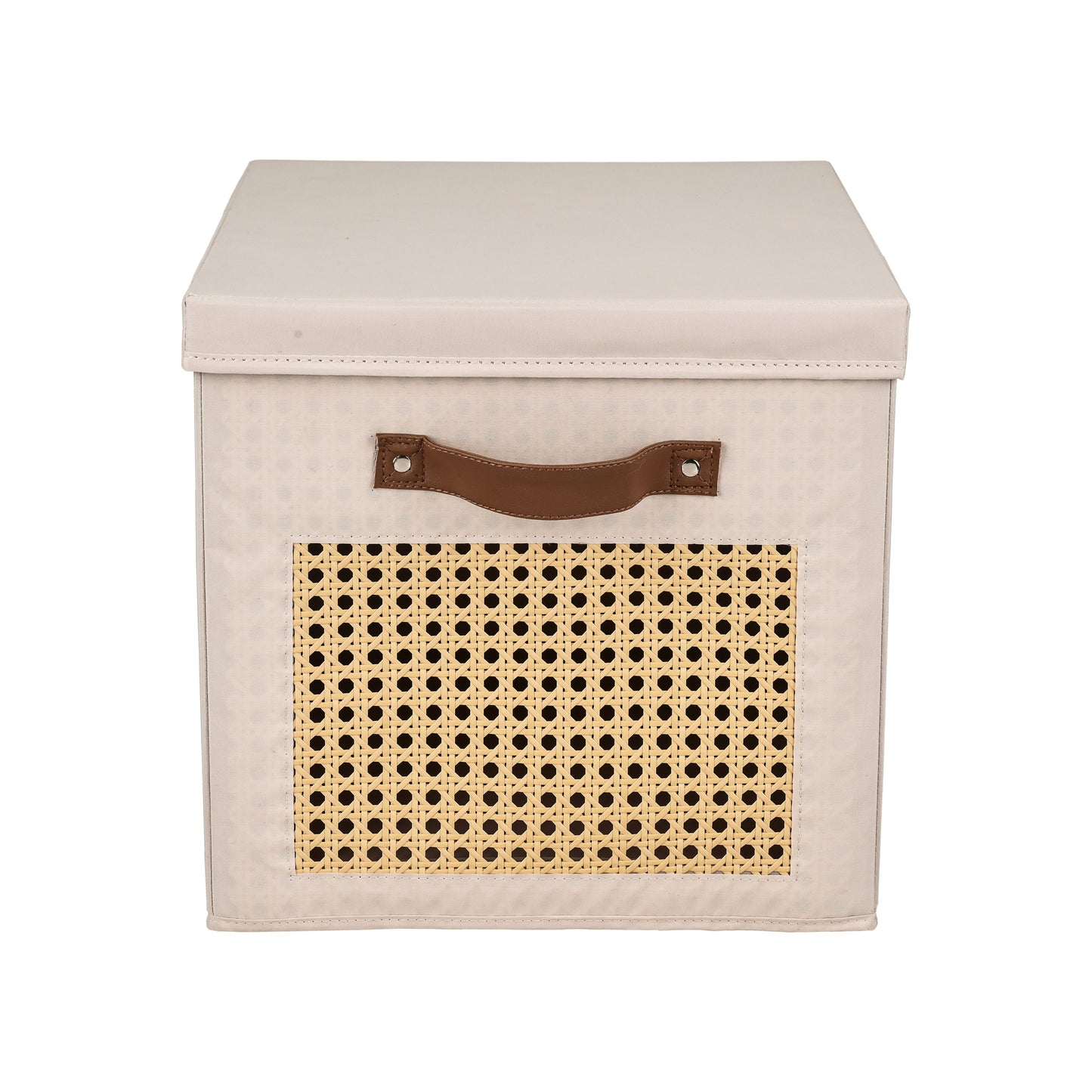Soft Touch Cube Storage Box with Lid - Peachskin Fabric - side angle view showing dimensions