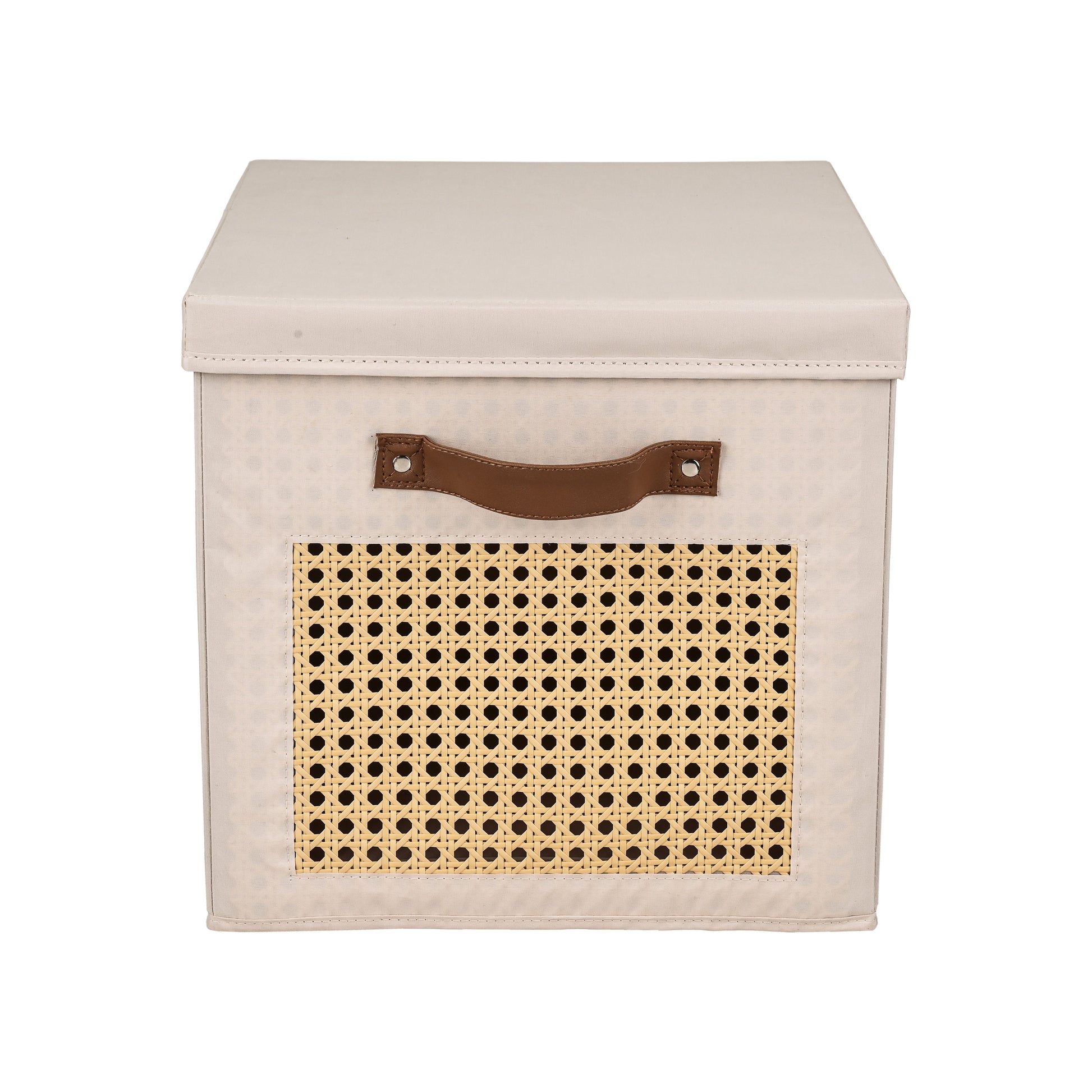 Soft Touch Cube Storage Box with Lid - Peachskin Fabric - side angle view showing dimensions
