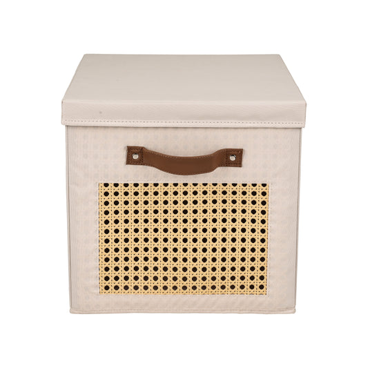Peach-skin velvet cube storage box with lid — side angle showing foldable construction and handles, foldable fabric organizer by Cozynookmy