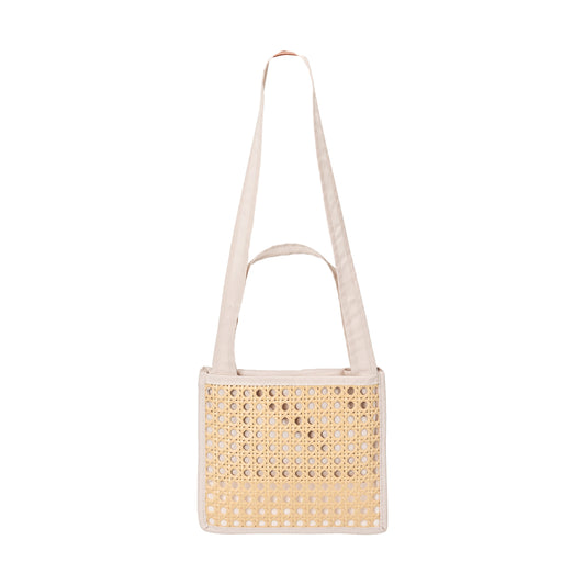 Peach-skin velvet reusable shopping bag small in beige — side angle showing folded pouch size, compact fabric tote by Cozynookmy