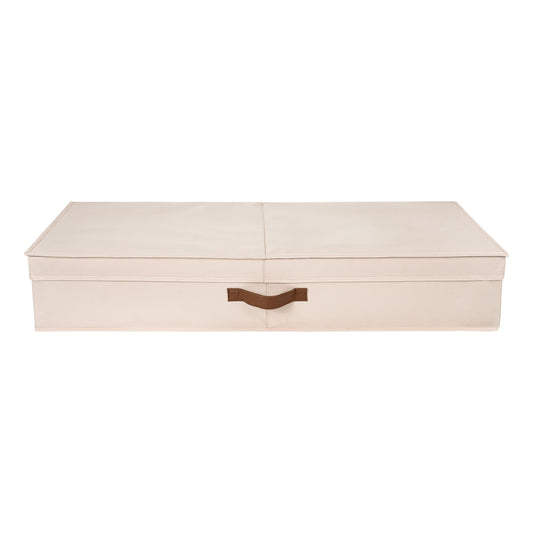 Peach-skin velvet underbed storage box in beige — side angle showing dimensions for under-bed clearance, low-profile fabric organizer by Cozynookmy