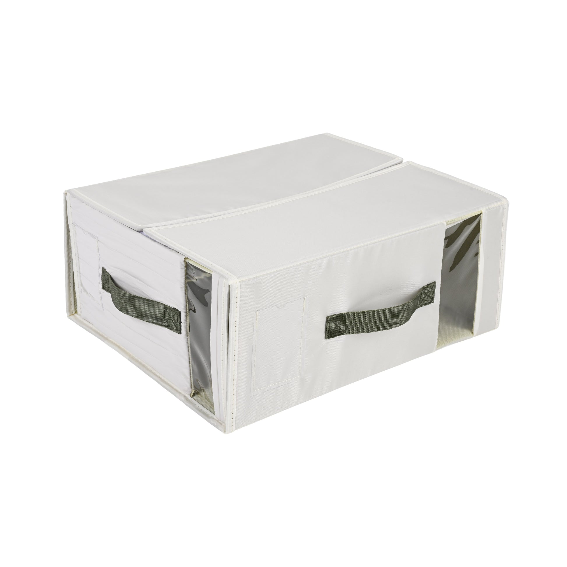 Green Minimal Vertical Bed Sheet Storage Box with Clear Window - side angle view showing dimensions