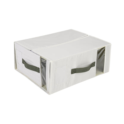 Green Minimal Vertical Bed Sheet Storage Box with Clear Window - side angle view showing dimensions