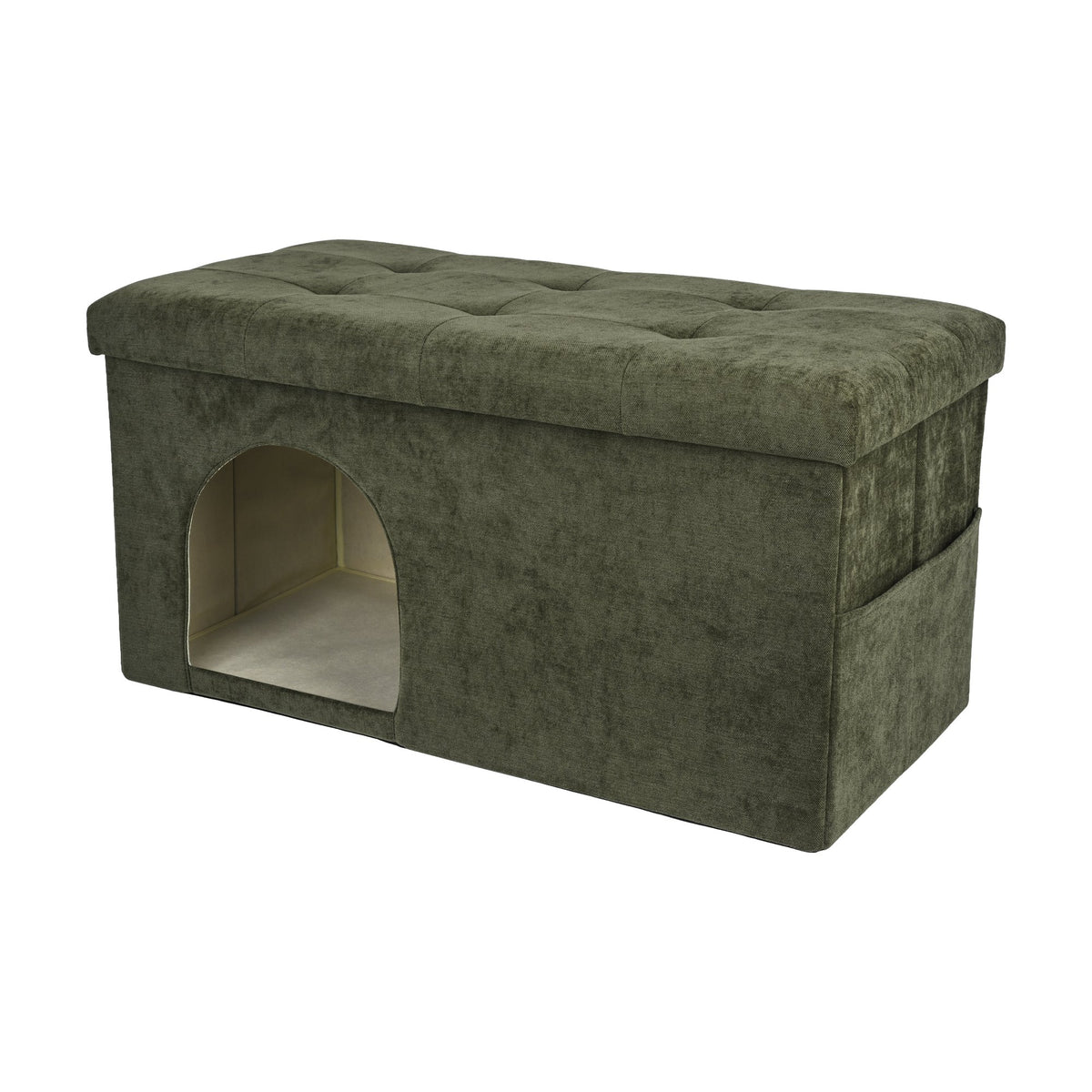 Chenille Rectangular Pet-Friendly Storage Ottoman Bench in soft chenille upholstery, designed as part of the NOOK multifunctional storage furniture collection. rectangular bench design fits modern living rooms, bedrooms and small-space homes with hidden storage. Lifestyle scene in modern entryway/living space.