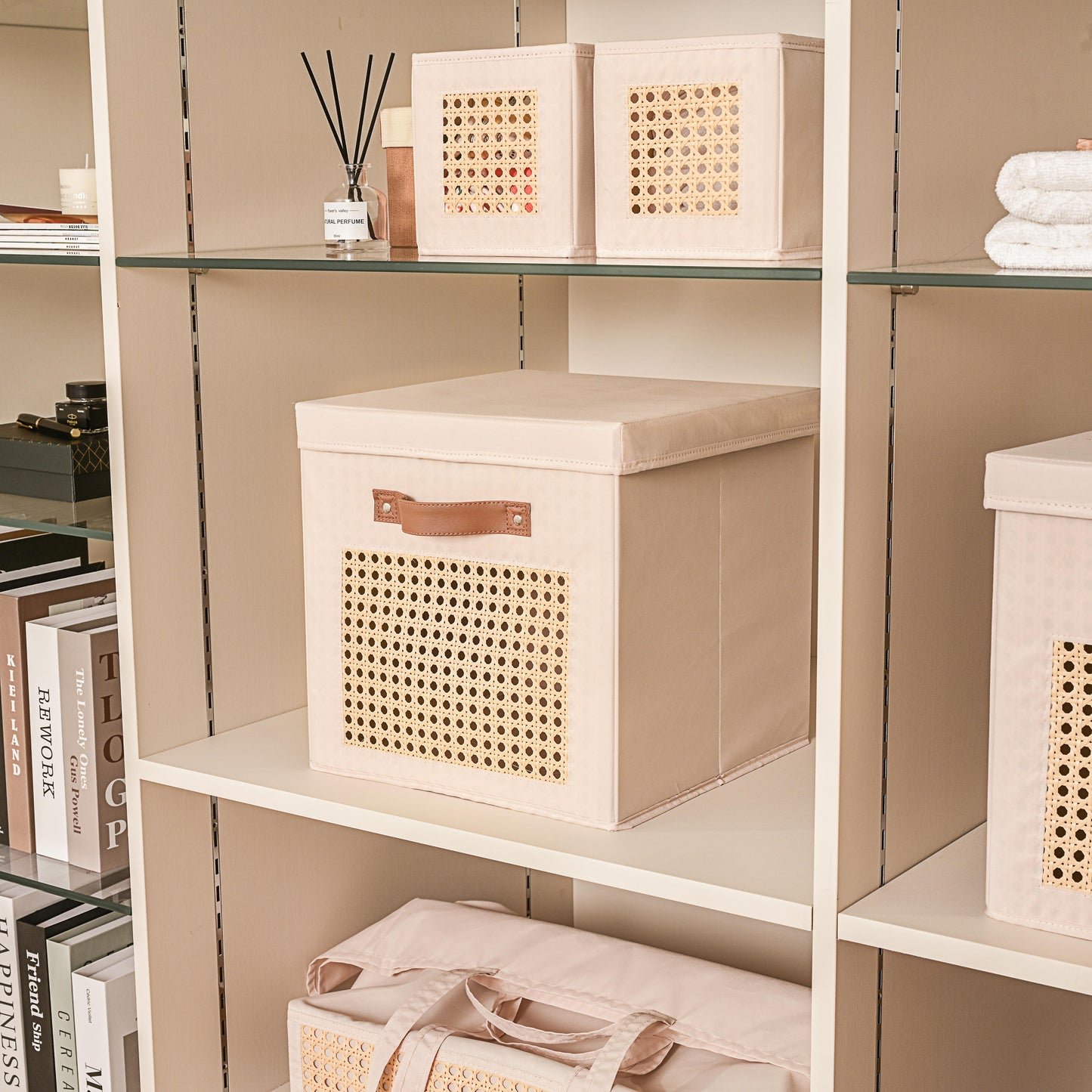 Soft Touch Cube Storage Box with Lid - Peachskin Fabric - lifestyle scene in modern living room