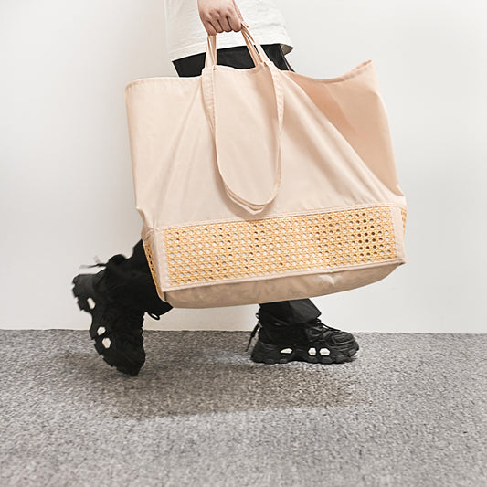 Peach-skin velvet reusable shopping bag large in beige — side angle showing reinforced handles and structure, eco-friendly fabric tote by Cozynookmy
