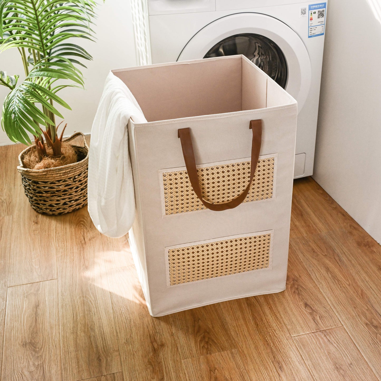 Soft Touch Laundry Basket with Pockets - Beige - side angle view showing dimensions