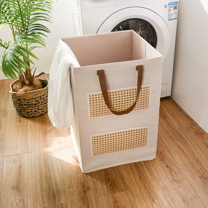 Soft Touch Laundry Basket with Pockets - Beige - side angle view showing dimensions