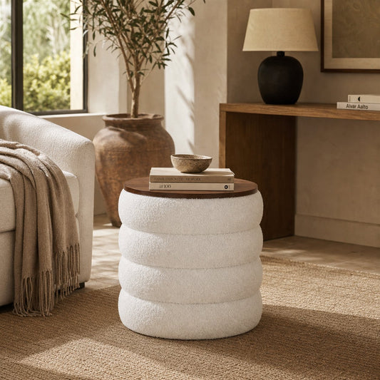 Velvet Storage Ottoman Side Table in soft velvet upholstery, designed as part of the NOOK multifunctional storage furniture collection. ottoman side table fits modern living rooms, bedrooms and small-space homes with hidden storage. Main product front view.