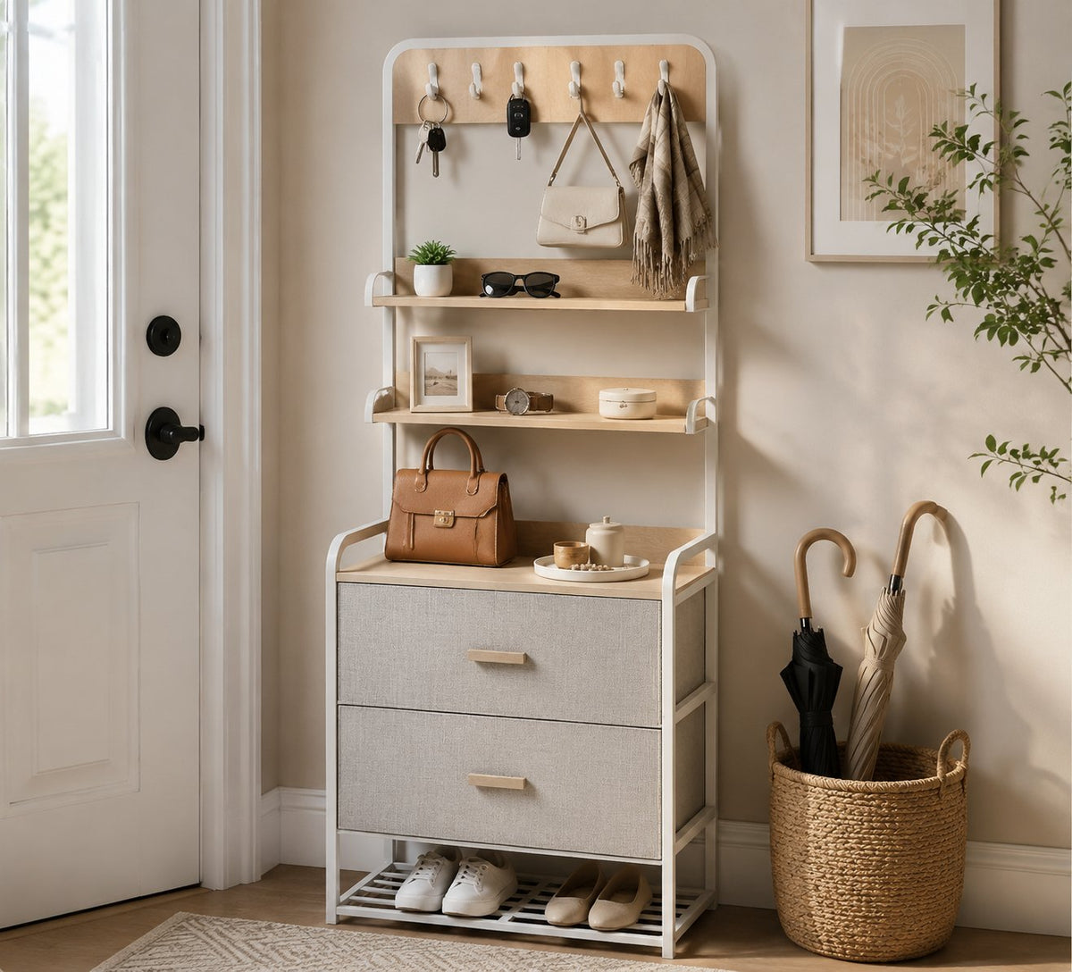 Narrow Entryway Storage Tower in white metal frame with warm wood accents, designed as part of the HARBOR entryway storage furniture collection. 3-Drawer design fits compact entryways for organizing shoes, bags, keys and everyday essentials in modern homes. Lifestyle scene in modern entryway/living space.
