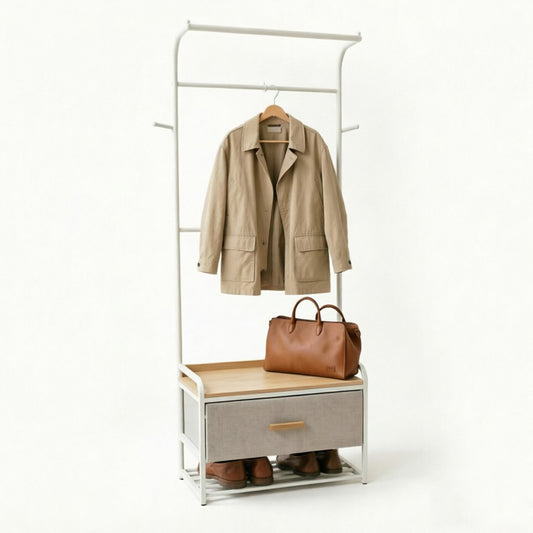 Tall Narrow Entryway Storage Tower in white metal frame with warm wood accents, designed as part of the HARBOR entryway storage furniture collection. 3-Drawer design fits compact entryways for organizing shoes, bags, keys and everyday essentials in modern homes. Main product front view.