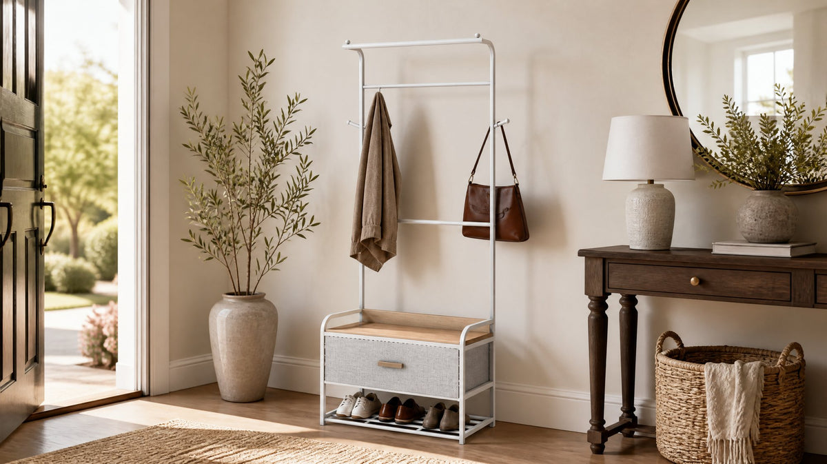 Tall Narrow Entryway Storage Tower in white metal frame with warm wood accents, designed as part of the HARBOR entryway storage furniture collection. 3-Drawer design fits compact entryways for organizing shoes, bags, keys and everyday essentials in modern homes. Side angle view showing 3-Drawer.