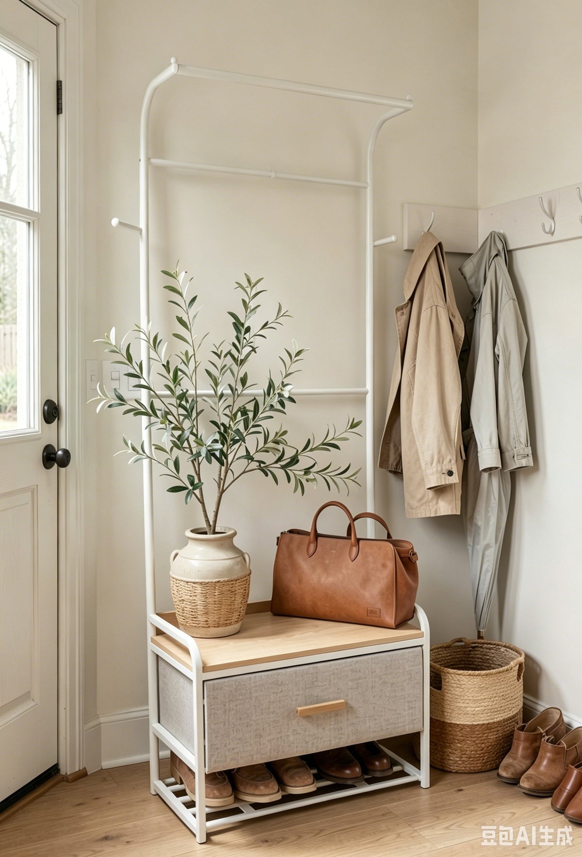 Tall Narrow Entryway Storage Tower in white metal frame with warm wood accents, designed as part of the HARBOR entryway storage furniture collection. 3-Drawer design fits compact entryways for organizing shoes, bags, keys and everyday essentials in modern homes. Lifestyle scene in modern entryway/living space.