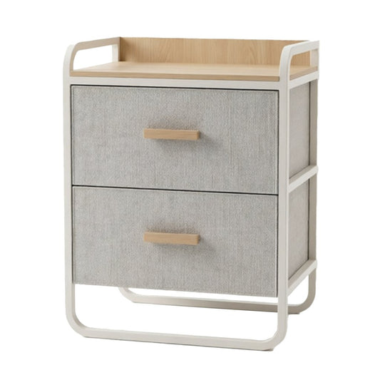 Compact Entryway Storage Rack in white metal frame with warm wood accents, designed as part of the HARBOR entryway storage furniture collection. 2-Drawer design fits compact entryways for organizing shoes, bags, keys and everyday essentials in modern homes. Main product front view.
