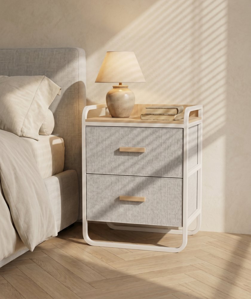 Compact Entryway Storage Rack in white metal frame with warm wood accents, designed as part of the HARBOR entryway storage furniture collection. 2-Drawer design fits compact entryways for organizing shoes, bags, keys and everyday essentials in modern homes. Side angle view showing 2-Drawer.