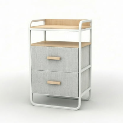 Entryway Storage Rack in white metal frame with warm wood accents, designed as part of the HARBOR entryway storage furniture collection. 2-Drawer design fits compact entryways for organizing shoes, bags, keys and everyday essentials in modern homes. Main product front view.
