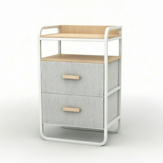 Entryway Storage Rack in white metal frame with warm wood accents, designed as part of the HARBOR entryway storage furniture collection. 2-Drawer design fits compact entryways for organizing shoes, bags, keys and everyday essentials in modern homes. Main product front view.