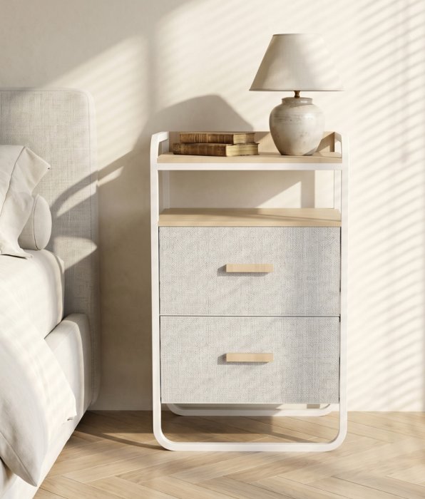 Entryway Storage Rack in white metal frame with warm wood accents, designed as part of the HARBOR entryway storage furniture collection. 2-Drawer design fits compact entryways for organizing shoes, bags, keys and everyday essentials in modern homes. Side angle view showing 2-Drawer.