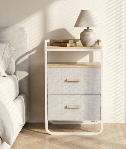 Entryway Storage Rack in white metal frame with warm wood accents, designed as part of the HARBOR entryway storage furniture collection. 2-Drawer design fits compact entryways for organizing shoes, bags, keys and everyday essentials in modern homes. Side angle view showing 2-Drawer.