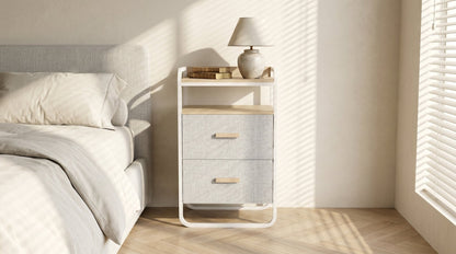 Entryway Storage Rack in white metal frame with warm wood accents, designed as part of the HARBOR entryway storage furniture collection. 2-Drawer design fits compact entryways for organizing shoes, bags, keys and everyday essentials in modern homes. Lifestyle scene in modern entryway/living space.
