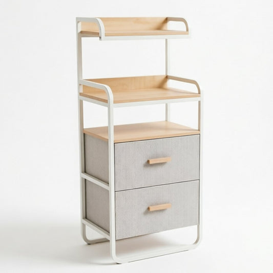Tall Entryway Storage Rack in white metal frame with warm wood accents, designed as part of the HARBOR entryway storage furniture collection. 2-Drawer design fits compact entryways for organizing shoes, bags, keys and everyday essentials in modern homes. Main product front view.