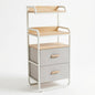 Tall Entryway Storage Rack in white metal frame with warm wood accents, designed as part of the HARBOR entryway storage furniture collection. 2-Drawer design fits compact entryways for organizing shoes, bags, keys and everyday essentials in modern homes. Main product front view.