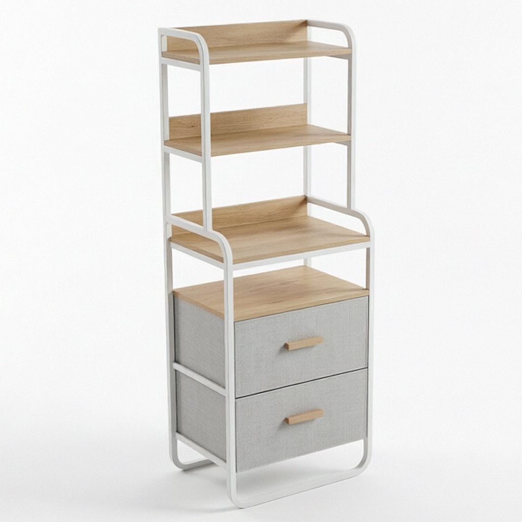 Tall Entryway Storage Rack in white metal frame with warm wood accents, designed as part of the HARBOR entryway storage furniture collection. 2-Drawer design fits compact entryways for organizing shoes, bags, keys and everyday essentials in modern homes. Main product front view.