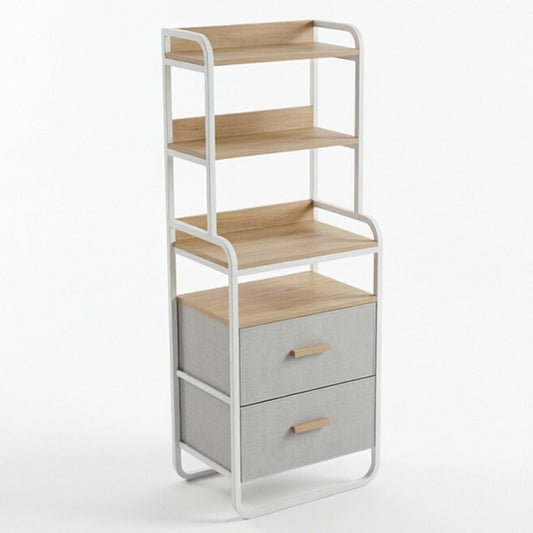 Tall Entryway Storage Rack in white metal frame with warm wood accents, designed as part of the HARBOR entryway storage furniture collection. 2-Drawer design fits compact entryways for organizing shoes, bags, keys and everyday essentials in modern homes. Main product front view.