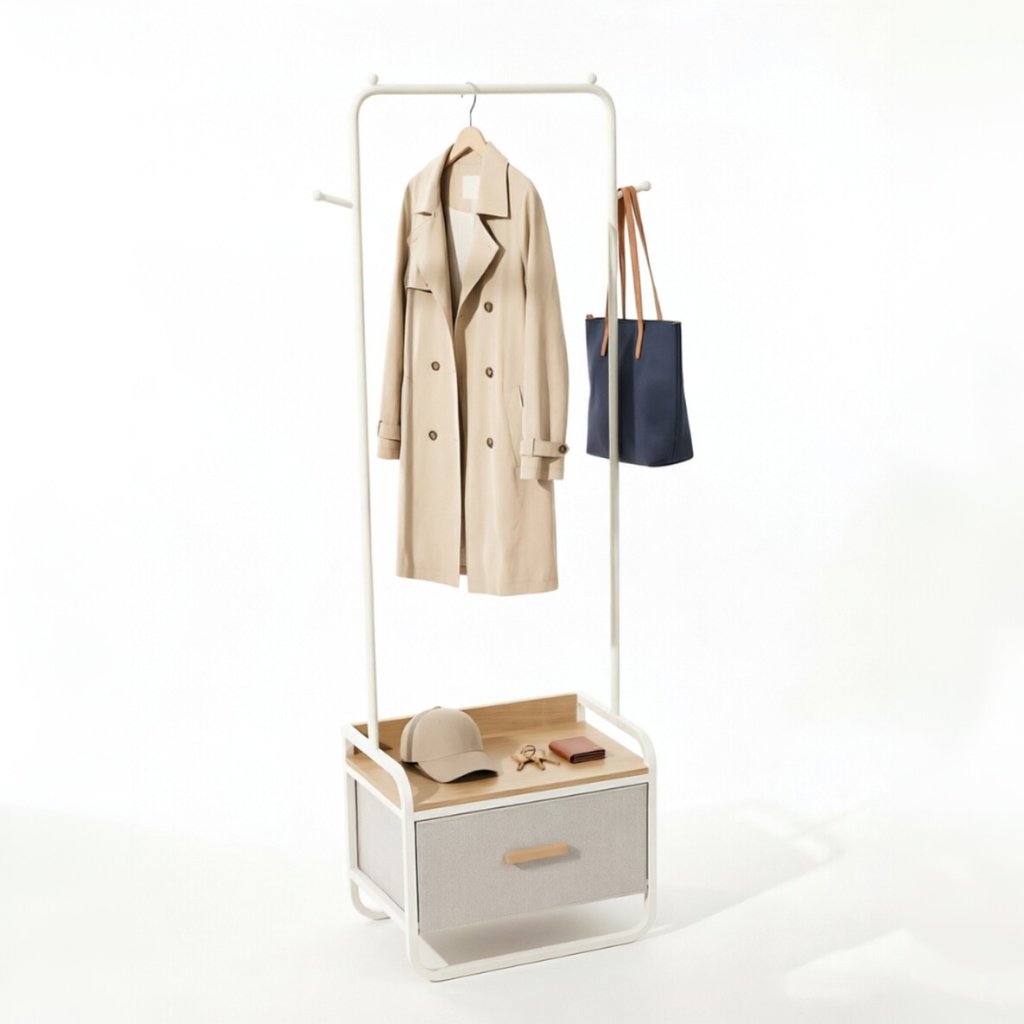 Extra-Tall Entryway Storage Rack in white metal frame with warm wood accents, designed as part of the HARBOR entryway storage furniture collection. 2-Drawer design fits compact entryways for organizing shoes, bags, keys and everyday essentials in modern homes. Main product front view.