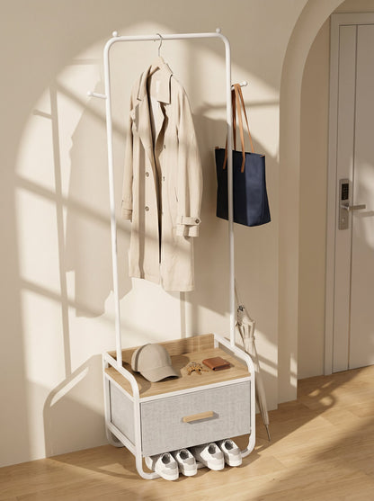 Extra-Tall Entryway Storage Rack in white metal frame with warm wood accents, designed as part of the HARBOR entryway storage furniture collection. 2-Drawer design fits compact entryways for organizing shoes, bags, keys and everyday essentials in modern homes. Side angle view showing 2-Drawer.