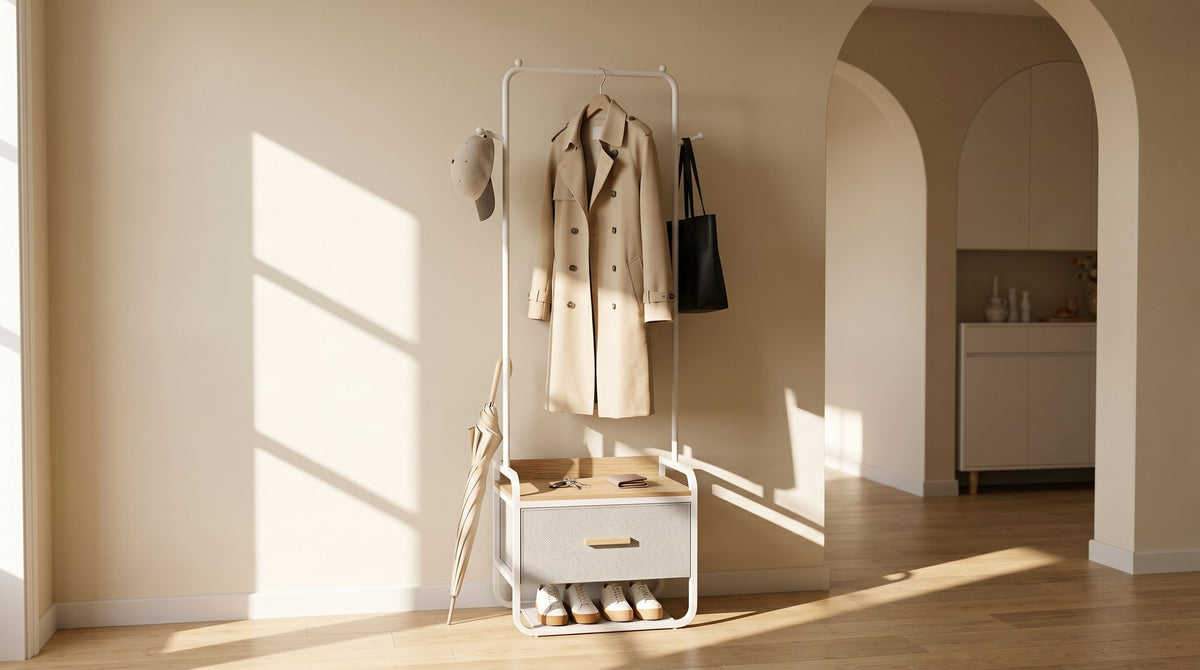 Extra-Tall Entryway Storage Rack in white metal frame with warm wood accents, designed as part of the HARBOR entryway storage furniture collection. 2-Drawer design fits compact entryways for organizing shoes, bags, keys and everyday essentials in modern homes. Lifestyle scene in modern entryway/living space.
