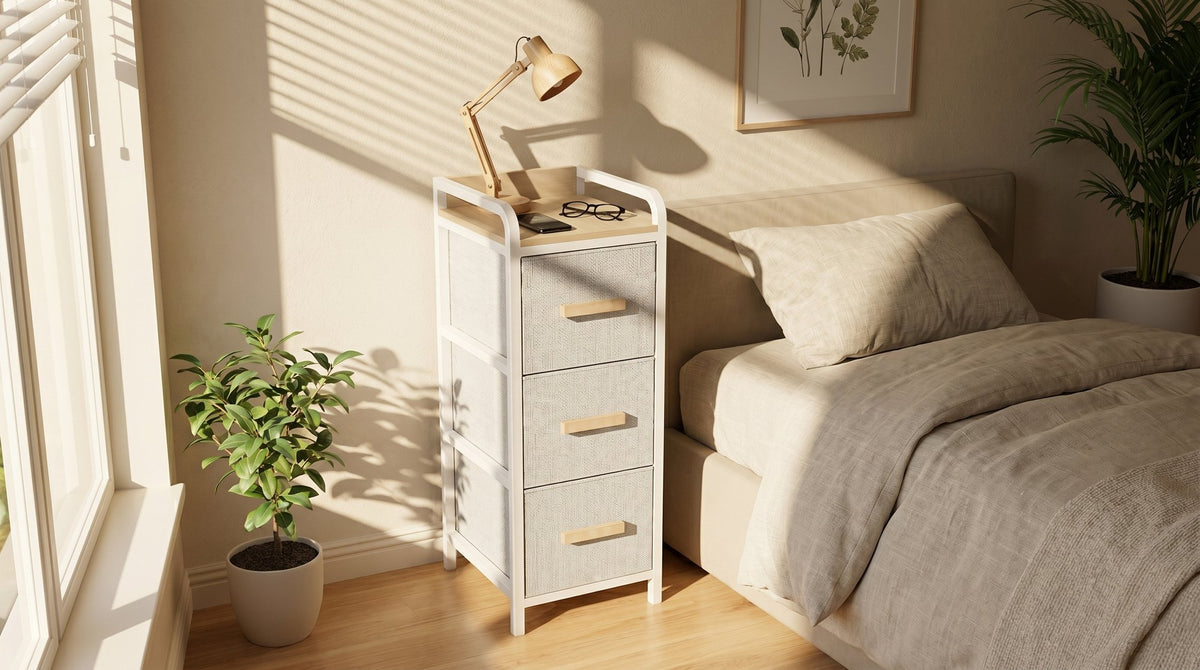 Full Entryway Organizer in white metal frame with warm wood accents, designed as part of the HARBOR entryway storage furniture collection. Hooks + Shelves + 2-Drawers + Shoe Rack design fits compact entryways for organizing shoes, bags, keys and everyday essentials in modern homes. Lifestyle scene in modern entryway/living space.