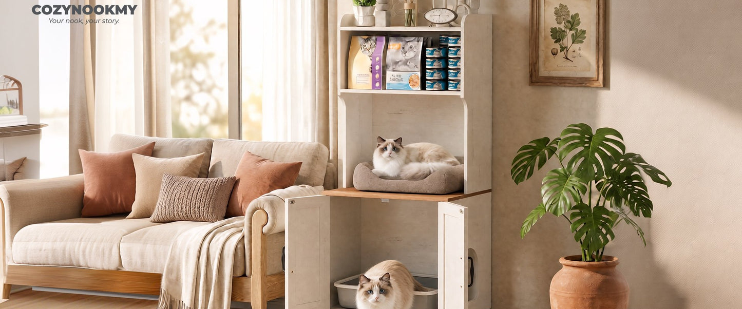 Cat litter box cabinet shelf in living room lifestyle scene - CozynookMY pet furniture collection
