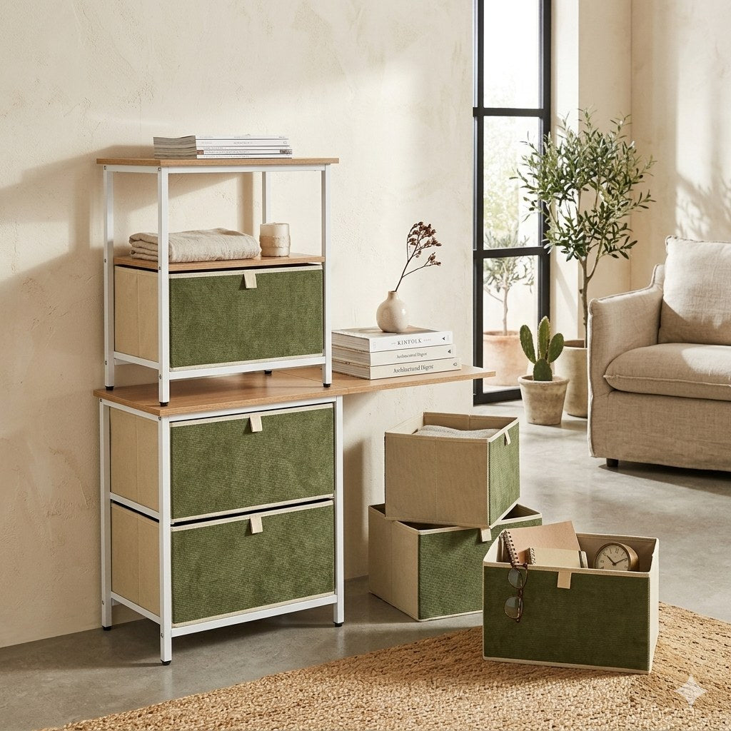 Green Minimal Stackable Fabric Drawer Storage Cabinet with Removable Bins - detail close-up of material texture