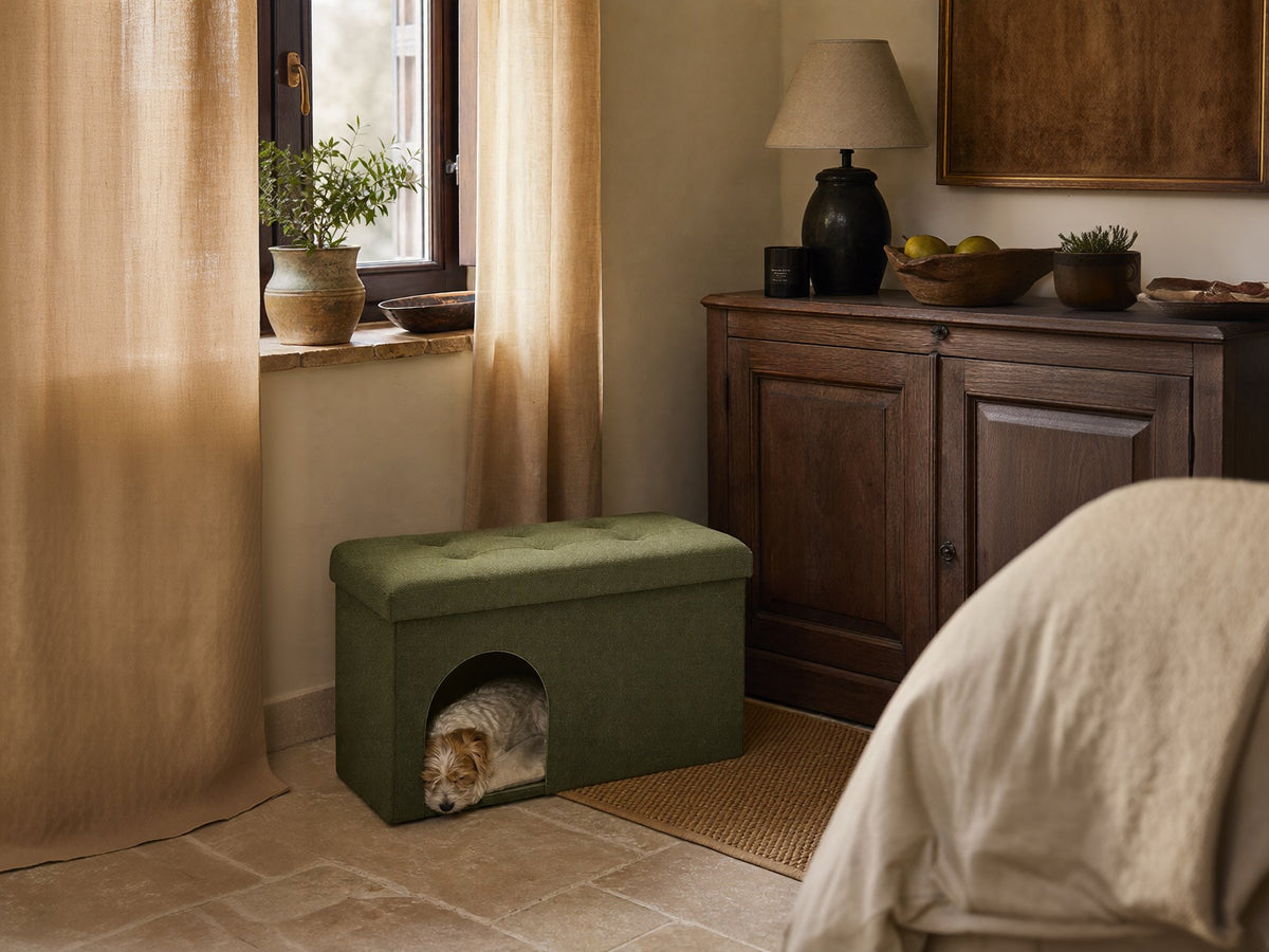 Chenille Rectangular Pet-Friendly Storage Ottoman Bench in soft chenille upholstery, designed as part of the NOOK multifunctional storage furniture collection. rectangular bench design fits modern living rooms, bedrooms and small-space homes with hidden storage. Side angle view showing rectangular bench design.