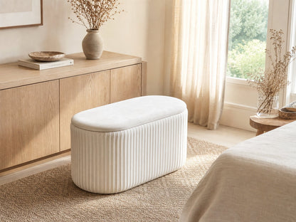 Teddy Velvet Storage Ottoman Table Set in teddy velvet upholstery, designed as part of the NOOK multifunctional storage furniture collection. table + ottoman set fits modern living rooms, bedrooms and small-space homes with hidden storage. Main product front view.