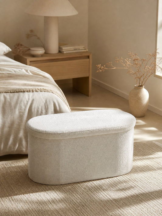 Chenille 2-in-1 Storage Ottoman Coffee Table in soft chenille upholstery, designed as part of the NOOK multifunctional storage furniture collection. 2-in-1 ottoman + coffee table fits modern living rooms, bedrooms and small-space homes with hidden storage. Main product front view.