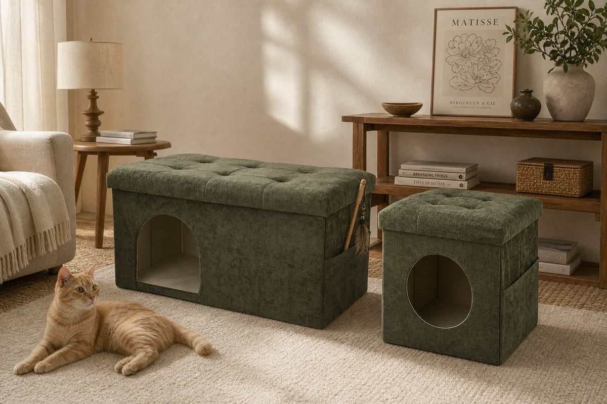 Chenille Square Pet-Friendly Storage Ottoman in soft chenille upholstery, designed as part of the NOOK multifunctional storage furniture collection. square compact design fits modern living rooms, bedrooms and small-space homes with hidden storage. Side angle view showing square compact design.