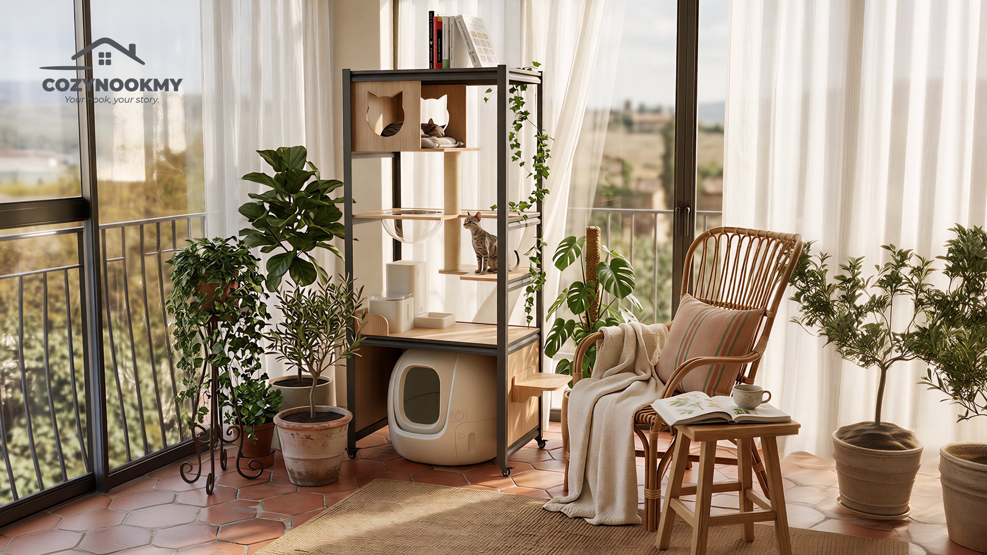 All-in-One Cat Activity Tower with Auto Litter Box Space - assembly or packaging display