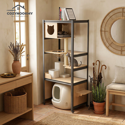 All-in-One Cat Activity Tower with Auto Litter Box Space - interior organization use case