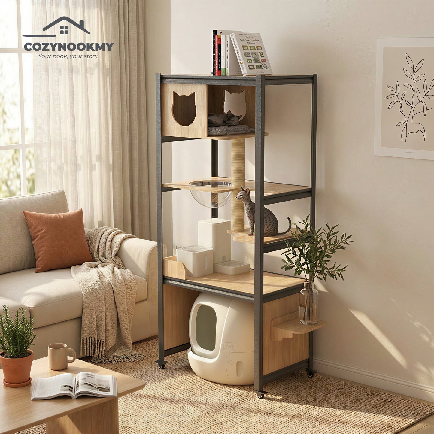 All-in-One Cat Activity Tower with Auto Litter Box Space - detail close-up of material texture