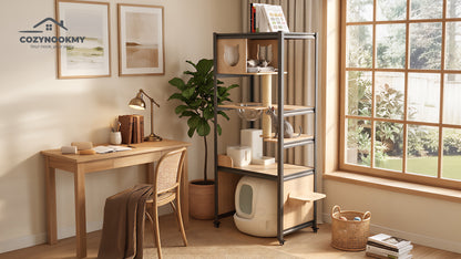 All-in-One Cat Activity Tower with Auto Litter Box Space - lifestyle scene in modern living room